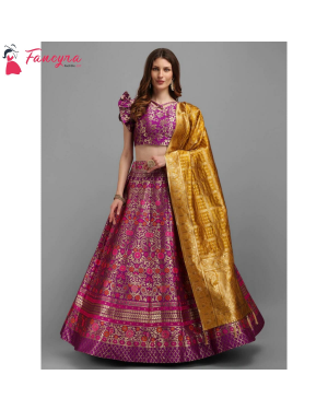 Fancyra - Magenta and Gold Toned Printed Semi Stitched Beautiful Lehenga Choli and Unstitched Blouse With Dupatta For Women
