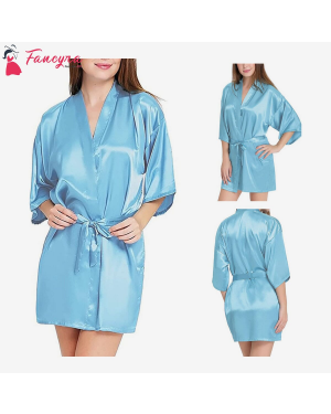 Fancyra - Women Satin Nightdress Kimono Robe Nightwear Nighty Free Size Blue