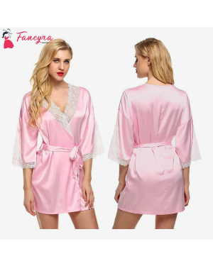 Fancyra - Satin Nightwear Kimono Robe V Neck Nightdress with Lace Design Free Size Light Pink 