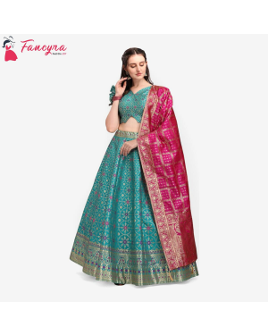 Fancyra - Women Sea Green and Pink Woven Design Beautiful Lehenga and Unstitched Blouse with Dupatta
