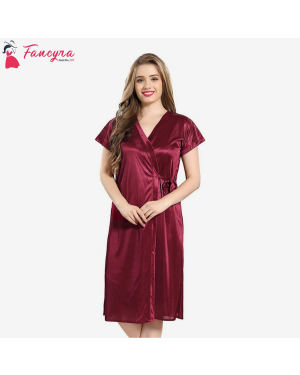 Fancyra - Women Satin Plain Solid Stylish Latest Maxi with Short Sleeve Night Gown Nightwear Free Size Maroon Color