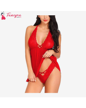 Fancyra - Women Sexy Nightwear Lace & Polyamide Spandex Floral Above knee Baby Doll Sleepwear With G String Panty Free Size Red