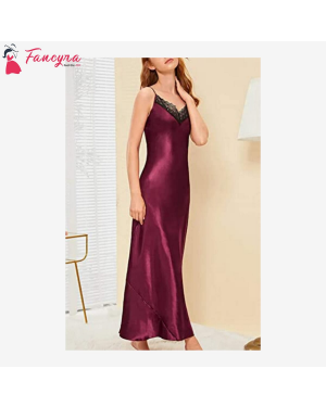 Fancyra - Women's Nightdress Lace Satin Nightgowns Sleepwear Free Size Wine