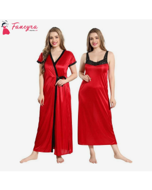 Fancyra - Women's Satin Solid Maxi Nighty With Robe Free Size
