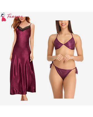 Fancyra - Combo set of Stylish Nightwear Nightgown and Bra Panty Set Free Size Wine Red and Purple