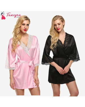 Fancyra - Combo Women Satin Nightwear Kimono Robe V Neck Nightdress with Lace Design