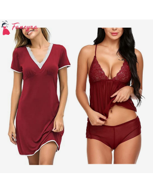 Fancyra - Combo Night Shirt Women Nightgowns Sexy Sleep Shirts and Babydoll Lace Net Robe Lingerie