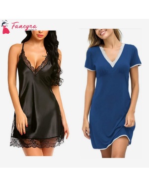 Fancyra - Combo set of Stylish Babydoll Lingerie With G String Panty and Nightwear T Shirt Free Size Blue