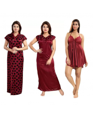 Fancyra - Combo Set of Women Long Silk Nightdress Nighty and Lingerie Free Size Maroon