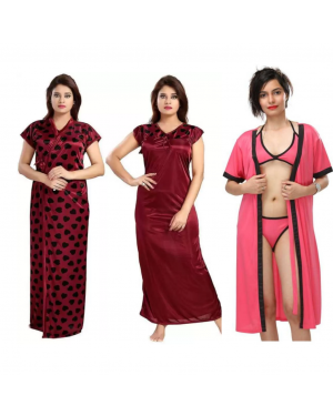 Fancyra - Combo Set of Women Long Silk Nightdress Nighty and Nighty with Bra Panty Set Free Size