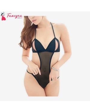 Fancyra - Women Sexy Nightwear Lingerie Satin Baby Doll with G String Free Size Black Color