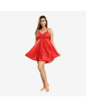 Fancyra - Women Sexy and Beautiful Nightwear Satin Blend Babydoll Sleepwear Dress Free Size Red