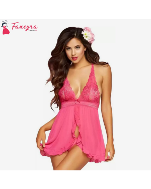 Fancyra - Women Sexy Polyester Nightwear Babydoll Sleepwear Dress with G string Panty Free Size Pink 