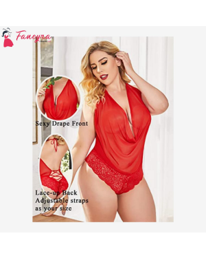 Fancyra - Women Sexy Nightwear Lingerie Teddy One Piece Lace Halter Sleepwear Babydoll Bodysuit Free Size Red