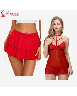 Fancyra - Combo Set of Women Pleated Mini Skirt Solid Ruffle Lingerie Skirts and Lingerie Set Free Size Red Color