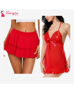Fancyra - Combo Set of Women Pleated Mini Skirt Solid Ruffle Lingerie Skirts and Lingerie Set Free Size Red Color