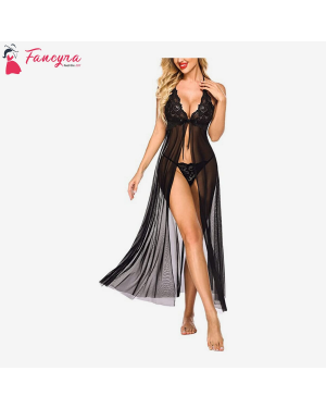 Fancyra - Women Sexy Nightwear Lingerie Lace Babydoll High Split Maxi Long Gown Sleepwear