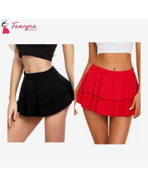 Fancyra - Combo Set of Women Pleated Mini Skirt Solid Ruffle Lingerie Skirts Free Size Black and Red Color