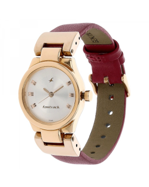 Fastrack Silver Dial Pink Leather Strap Watch 6114WL01