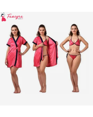 Fancyra - Combo Lingerie Nightwear Set with Robe and Bikini Bra Panty Free Size Pink