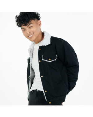 FuLoo's Black Jeans Jacket with White Fur for Men