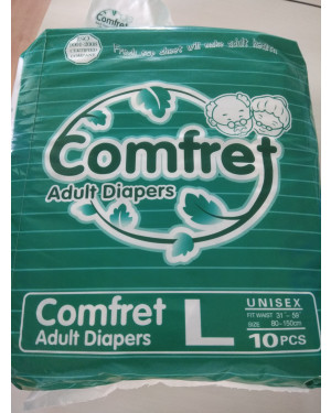 Comfret Adult Diapers Large 10 Pcs. Pack For Waist Size 31"-59" Inches