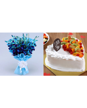 Combo Mesmerising Blue Orchids Bouquet Flowers + Heart Shaped Vanilla Fruit Cake