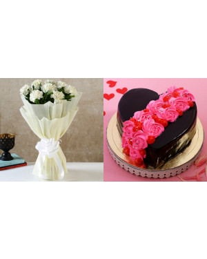 Combo 8 White Carnations Bouquet- Small Flowers + Roses On Heart Designer Cake