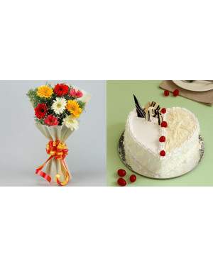 Combo Mixed Brilliance Gerbera Bouquet Flowers + Heart Shaped White Forest Cake