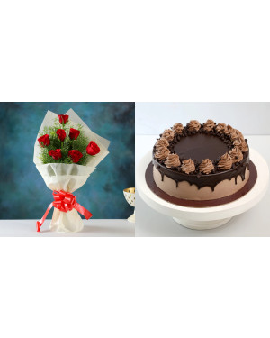 Combo 7 Red Roses Bunch Flowers+ Cream Drop Chocolate Cake