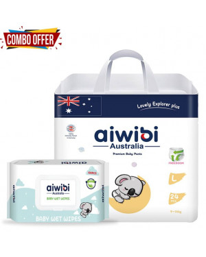 Aiwibi Australian Disposable Breathable Baby Diapers With Elastic Waistband L 24 + wipes