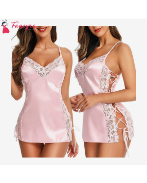 Fancyra - Women Sexy Babydoll Lingerie Lace Chemise Satin Babydoll Nightgown Sleepwear Dress for Ladies Free Size Blush Pink