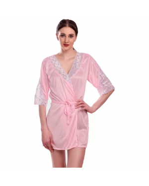 Fancyra - Nightwear Kimono Robe V Neck Satin Nightdress with Lace Design Free Size Light Pink Color
