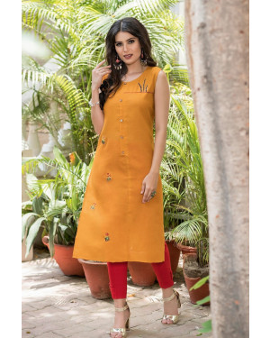 TZU Orange soft Cotton fabric embroidery work stylish straight kurti