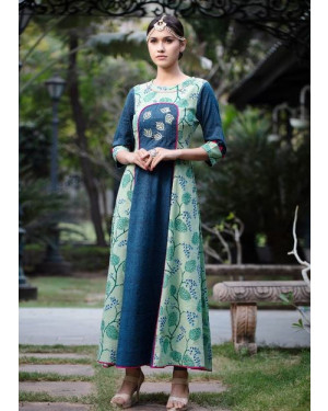 Psyna Teal Blue Rayon Kurti styled Dress with embroidery work