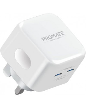 Promate GaN USB-C Charger, Ultra-Compact 45W USB-C Power Delivery Wall Charger with Dual Type-C Ports, Adaptive Smart Charging and Short-Circuit Protection for MacBook, iPhone 14, GaNPort2-45PD
