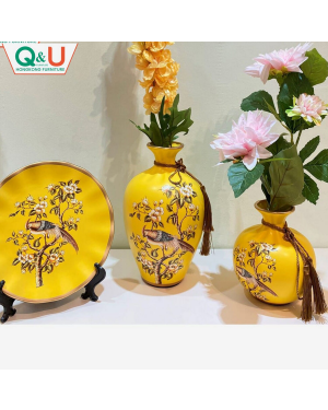 Q&U DB-0002 - Decorative Avian Print 3 Set Vase & Plate