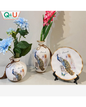 Q&U DB-0002a - Decorative Peacock Print 3 Set Vase & Plate