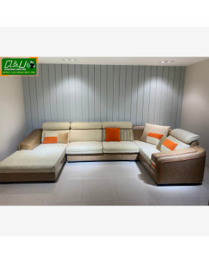 Q&U Furniture - Corner Leather and Fabric Sofa {L= 12feet * B= 7feet * H= 2.10feet} - 20195