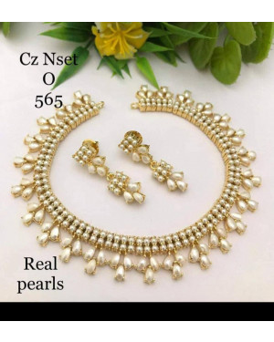 Real Pearl Gold Plated Necklace Set and Matching Earrings