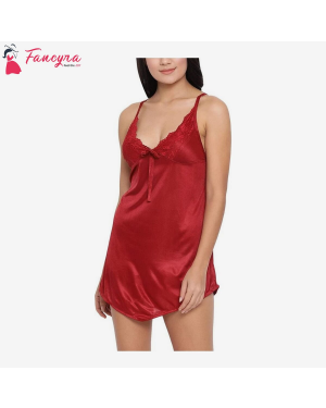Fancyra - Women Sexy Satin Babydoll Nightwear Dress Babydoll Dress for Sexy Lingerie Nighty for Women Free Size Rose Red