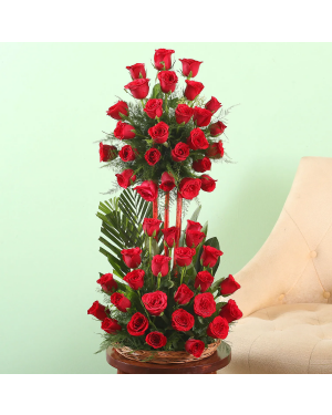 Romantic 50 Roses Basket Arrangement Flowers