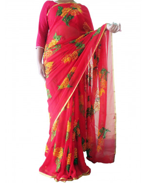 Red Pure Chiffon Saree With Thread Work