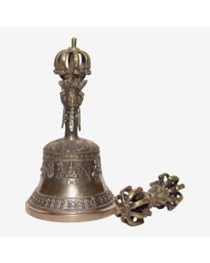 Seven Chakra Handicraft - Shiny White Panchabuddha Designed 8 Heads Bronze Bell With Bajra Set 18 cm 450 g