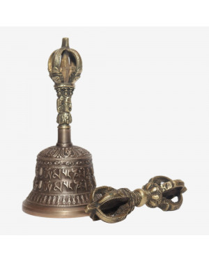 Seven Chakra Handicraft - Grey Mantra Designed Tibetean Bronze Bell With Bajra Set 15 cm 300 g