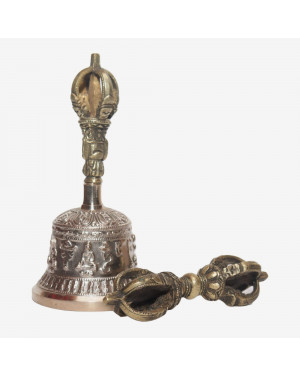 Seven Chakra Handicraft -Black Panchabuddha Designed Tibetean Bronze Bell With Bajra Set 15 cm 300 g