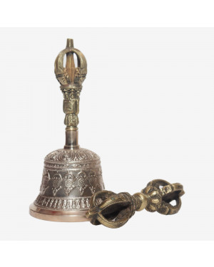 Seven Chakra Handicraft - Shining White Dharmachakra Designed Tibetean Bronze Bell With Bajra Set 15 cm 300 g