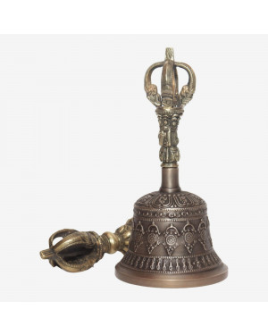 Seven Chakra Handicraft - Grey Dharmachakra Designed Tibetean Bronze Bell With Bajra Set 15 cm 300 g