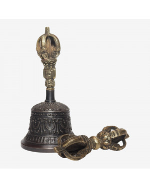 Seven Chakra Handicraft -Black Chepu Designed Tibetean Bronze Bell With Bajra Set 15 cm 300 g