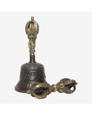 Seven Chakra Handicraft -Black Astamandala Designed Tibetean Bronze Bell With Bajra Set 15 cm 300 g